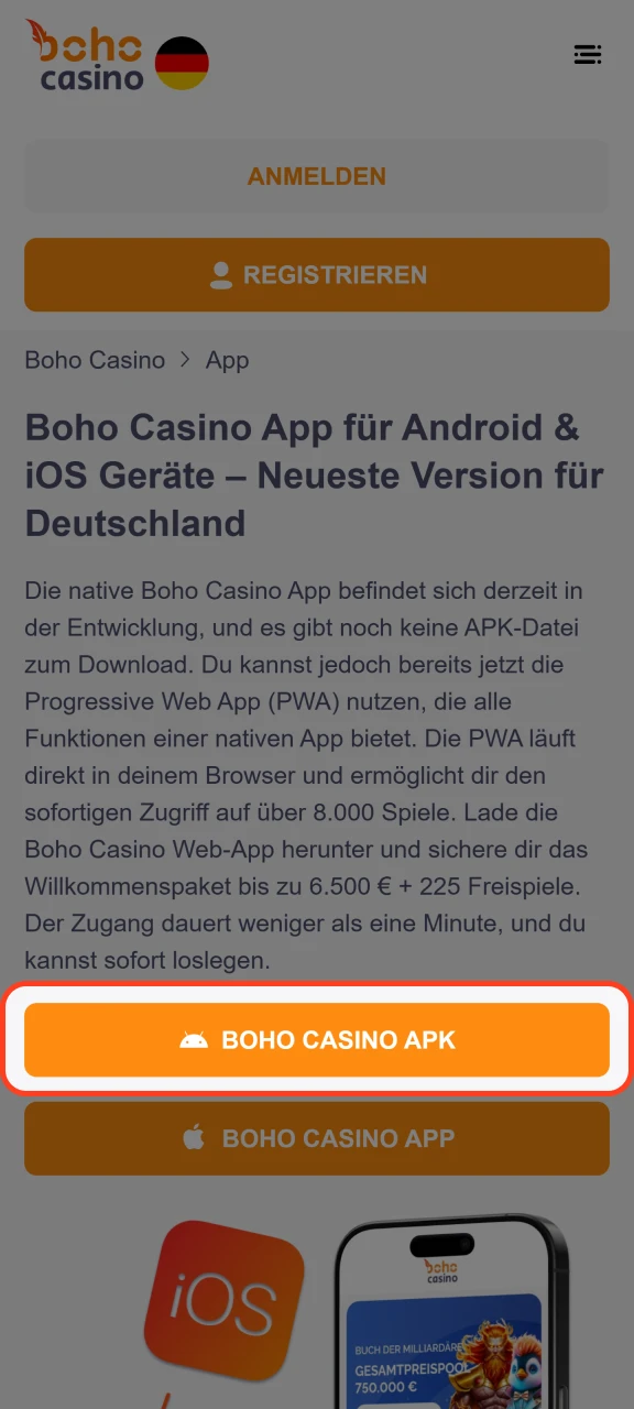 Klicken Sie auf die Schaltfläche Für Android herunterladen, um die Boho Casino-App zu erhalten.