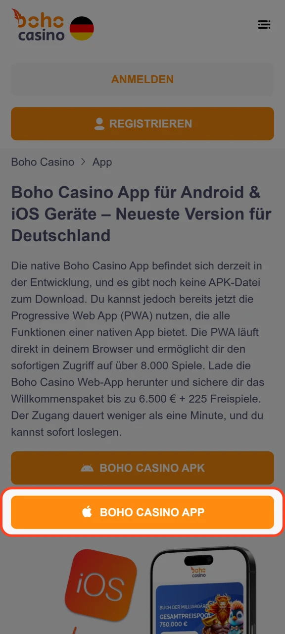 Hol dir Boho Casino für iOS-Geräte.