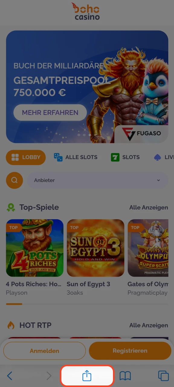 Klicken Sie auf Teilen, um Boho Casino zu Ihrem iOS-Startbildschirm hinzuzufügen.