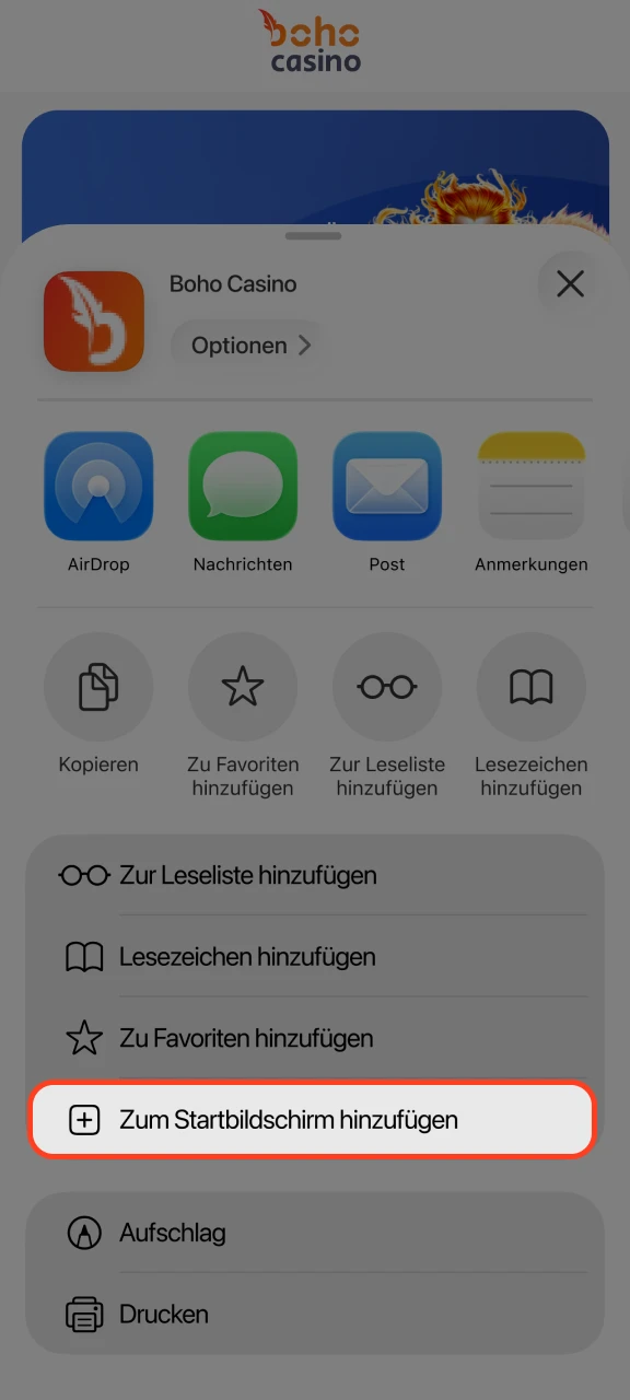 Klicken Sie im Menü auf die Option Zum Startbildschirm hinzufügen, um Boho Casino hinzuzufügen.
