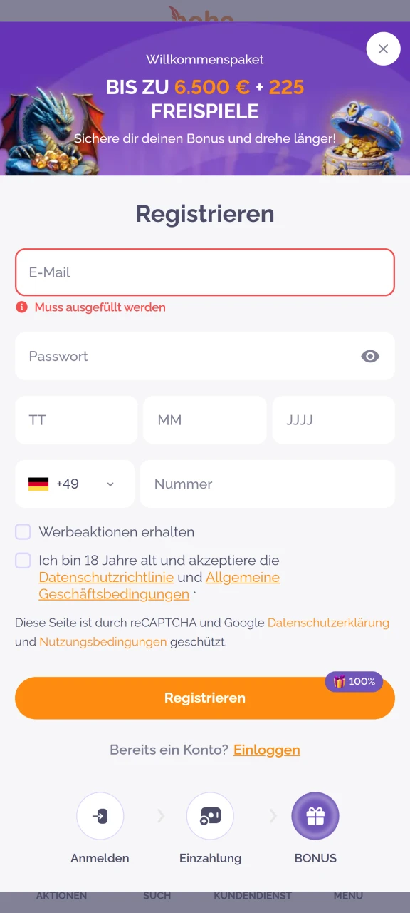 Erstelle ein Konto in der Boho Casino App.