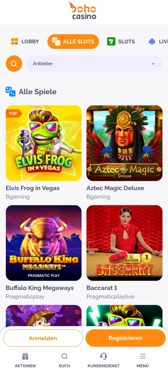 Wähle ein Slot-Spiel aus der Boho Casino App aus.