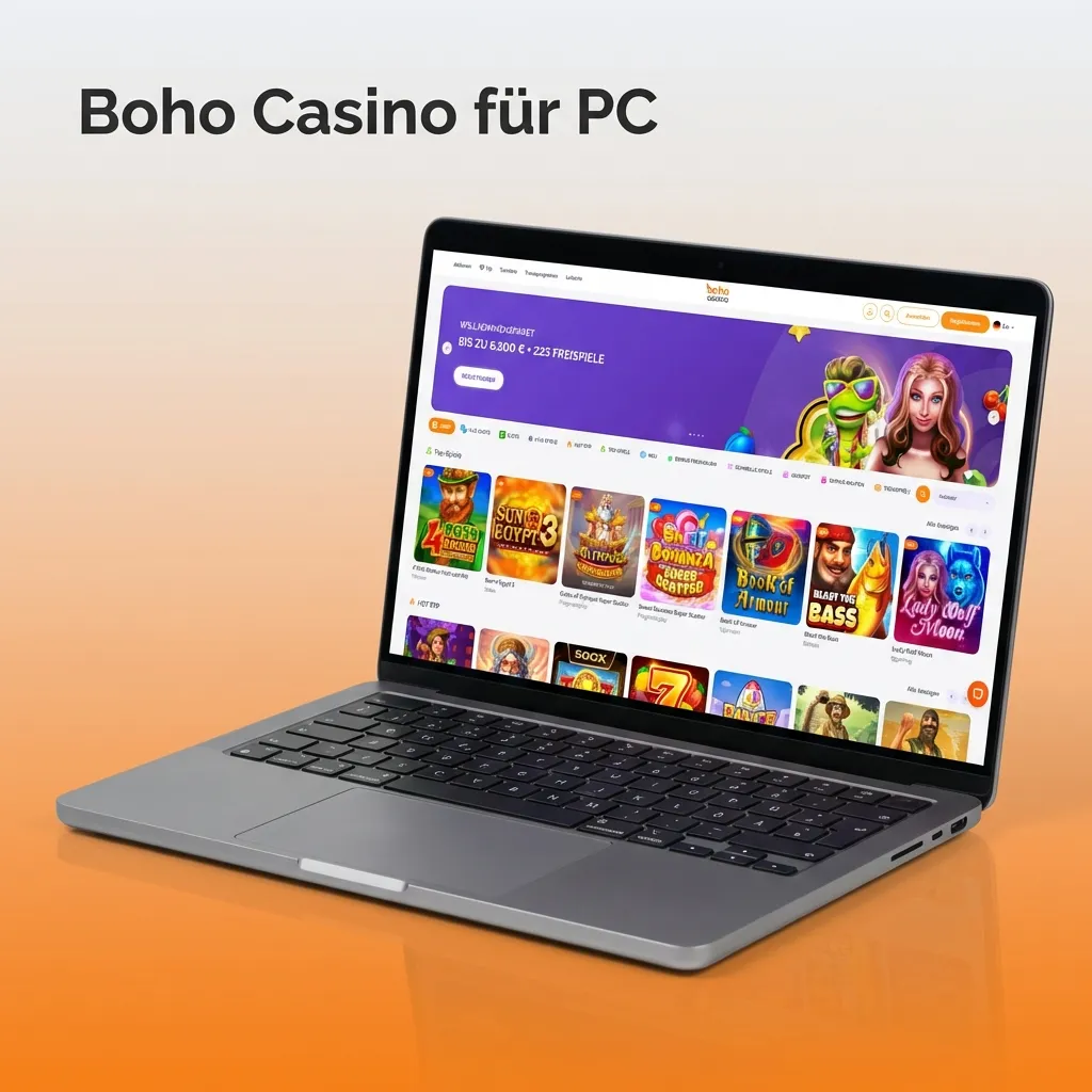 Boho Casino browser interface on PC showing game selection and login screen