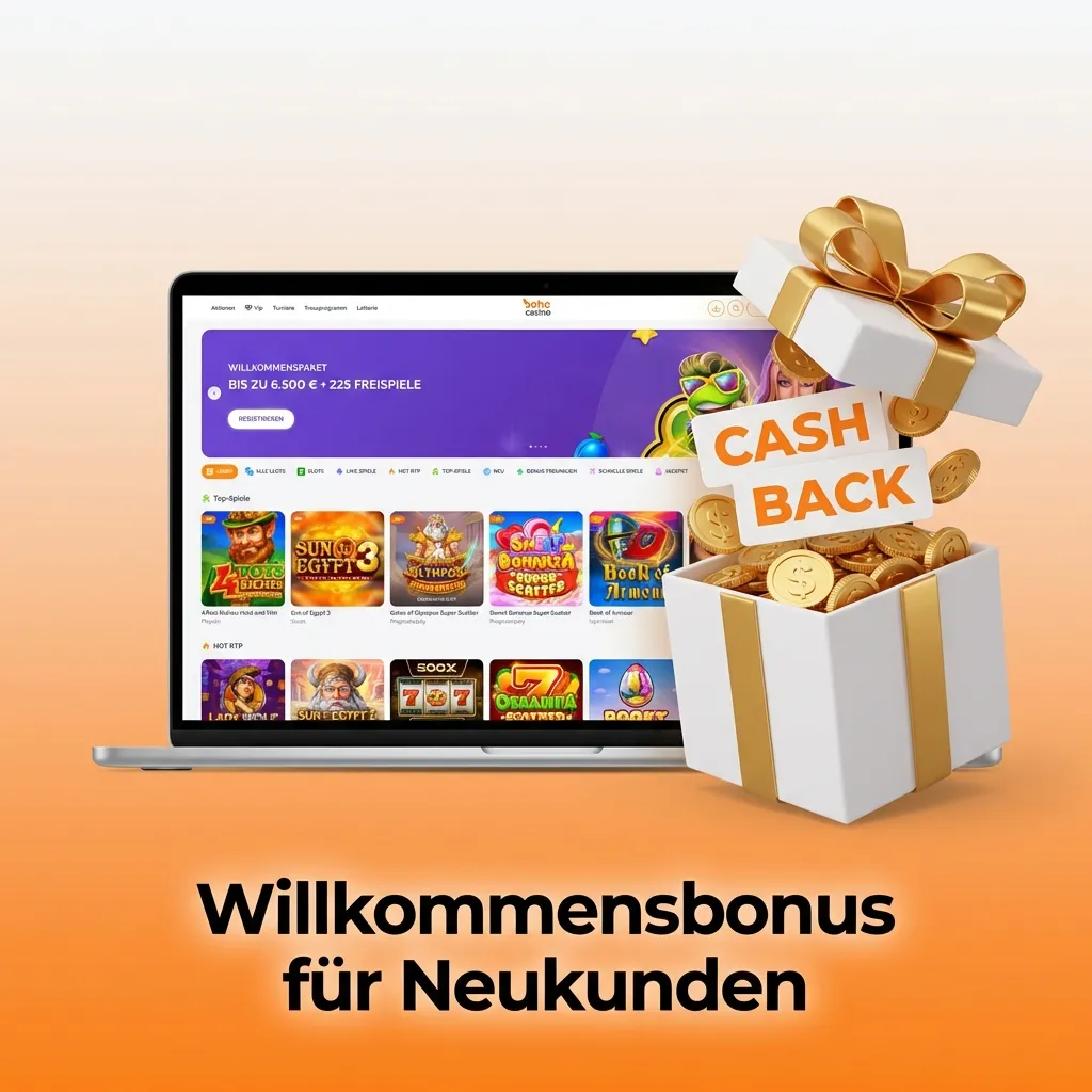Casino welcome bonus package showing €6,500 plus 225 free spins for new players with deposit match offers
