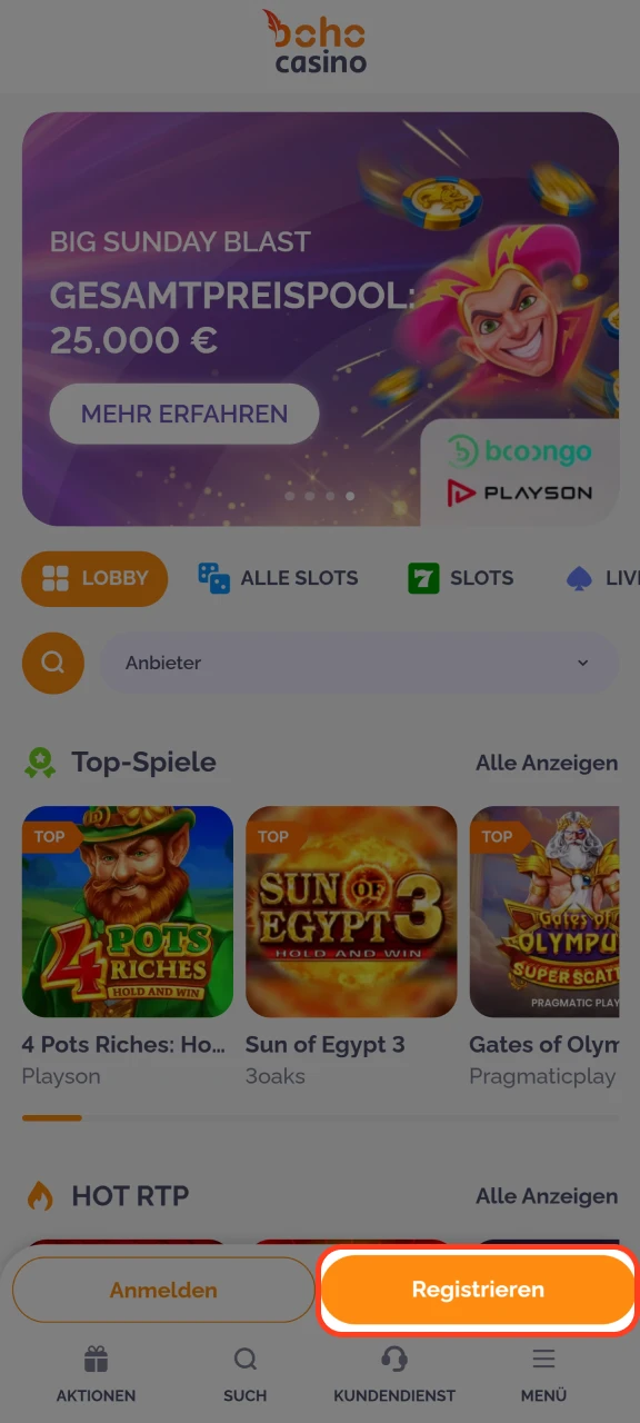 Klicken Sie auf Registrieren bei Boho Casino, um ein Konto zu erstellen und Boni zu erhalten.