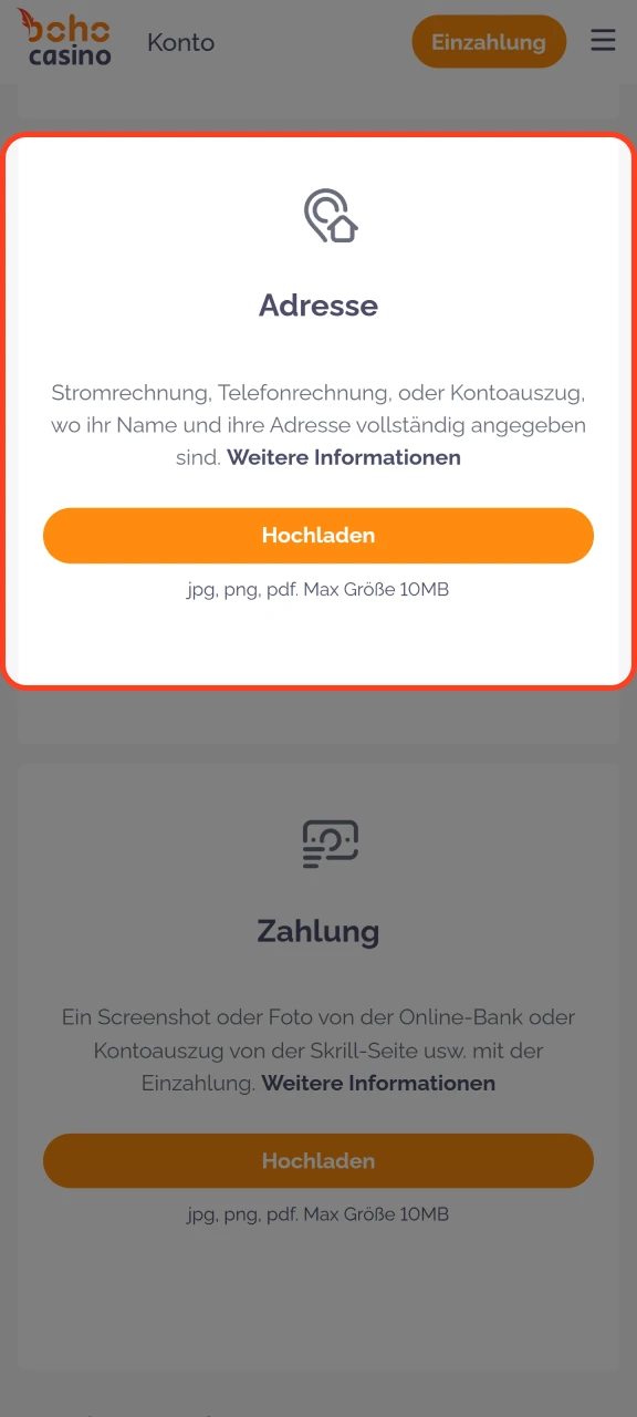 Laden Sie Ihre Adressbestätigung in das spezielle Feld Boho Casino hoch.