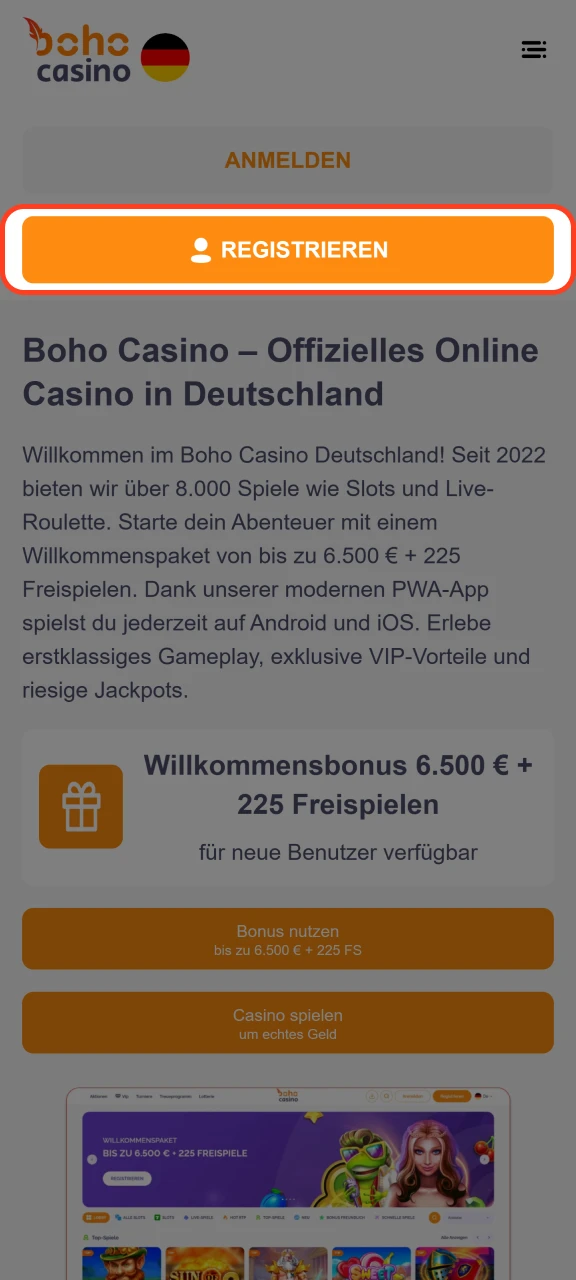 Klicken Sie auf Registrierung, um zum Formular auf der Boho Casino-Website zu gelangen.