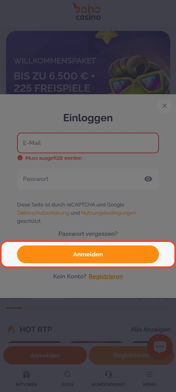 Melden Sie sich vollständig in Ihrem Boho Casino-Konto an.