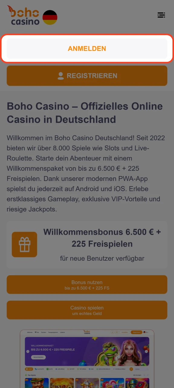 Klicken Sie auf Anmelden, um auf die Boho Casino-Website zuzugreifen.