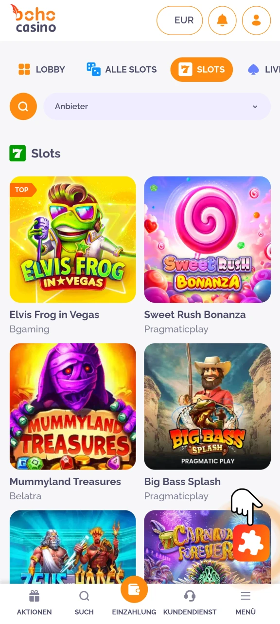 Suchen Sie sich den Casino-Bereich von Boho Casino aus, der Ihnen am besten gefällt.