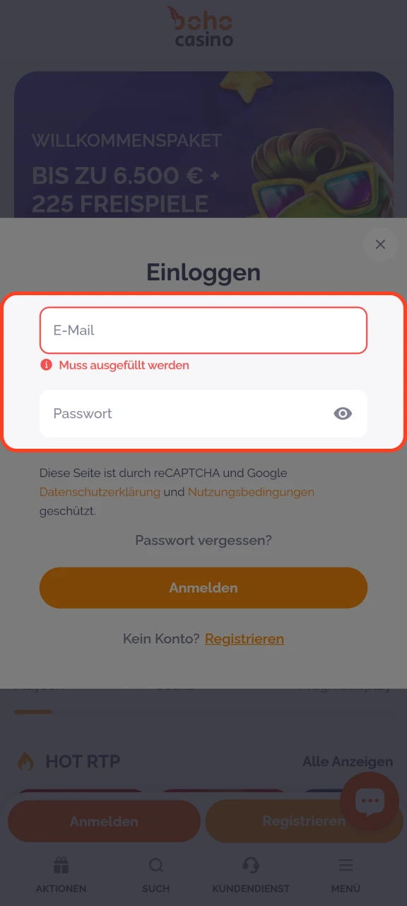 Geben Sie Ihre Zugangsdaten im Anmeldefeld von Boho Casino ein.