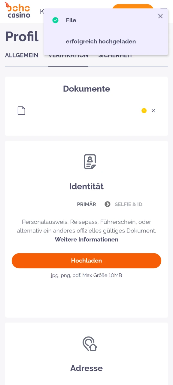 Laden Sie alle erforderlichen Dokumente im Boho Casino hoch.