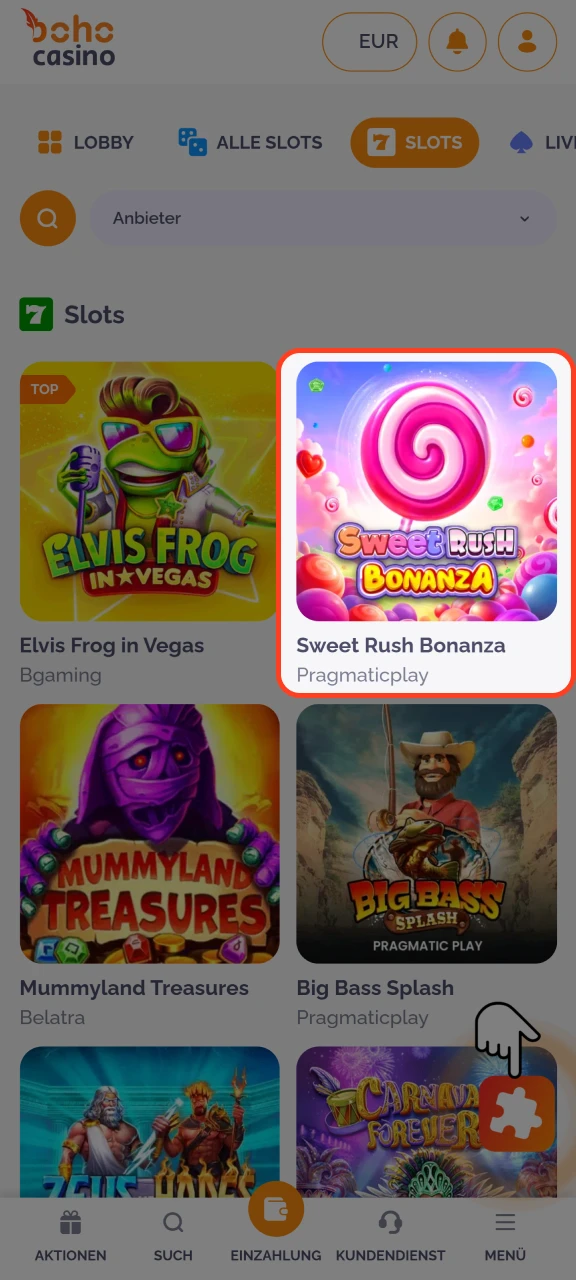 Wählen Sie ein Spiel im Spielautomatenbereich des Boho Casino.
