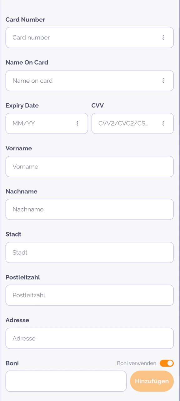 Füllen Sie Ihre Daten im Einzahlungsformular von Boho Casino aus.