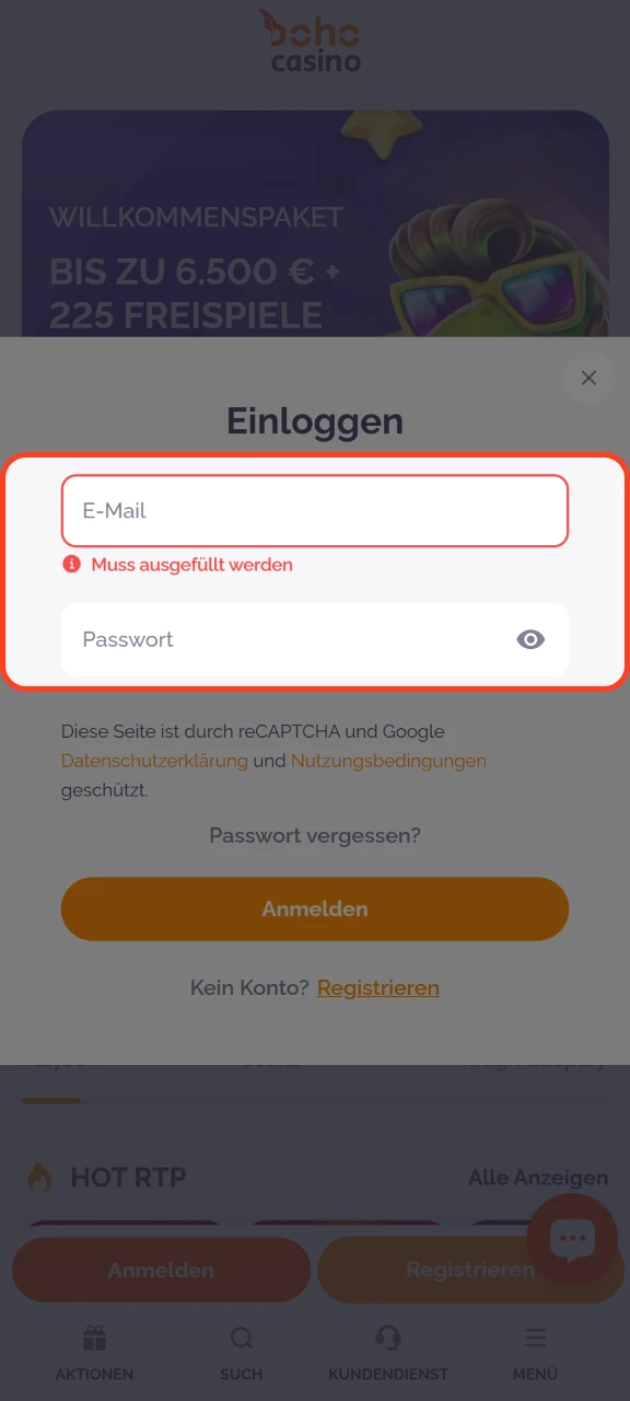 Geben Sie Ihre Anmeldedaten im Boho Casino-Formular ein.
