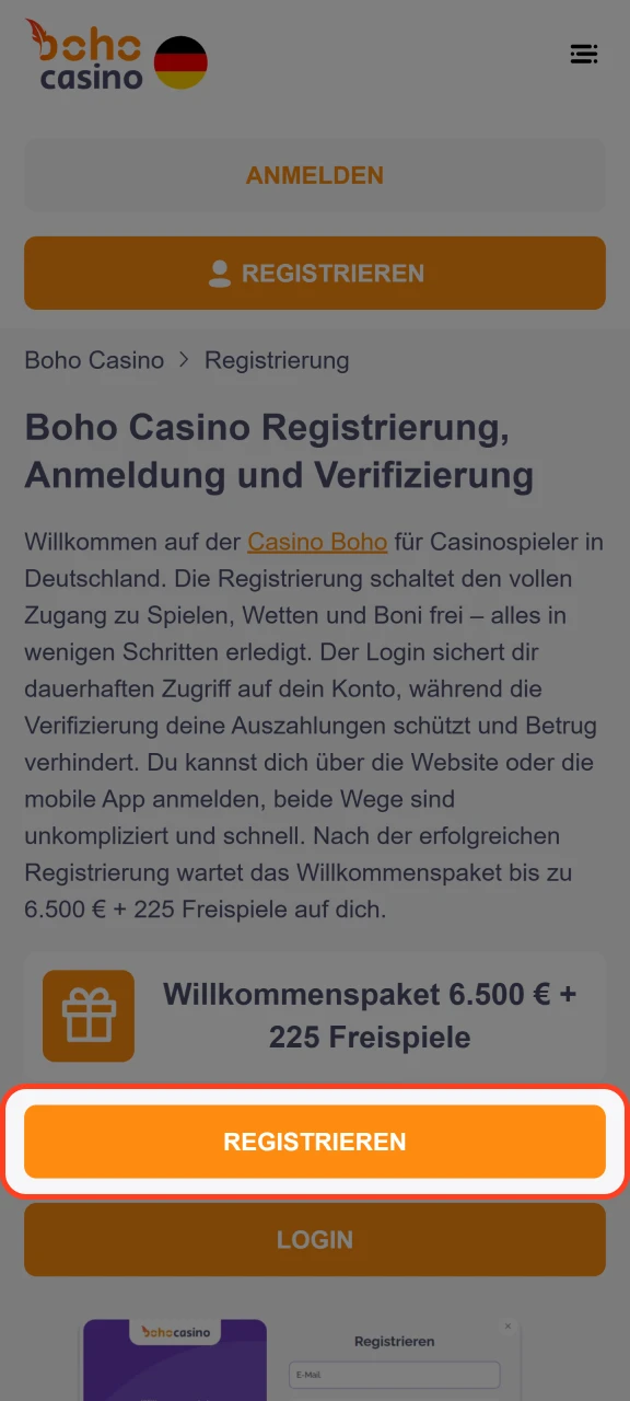 Klicken Sie auf Registrieren, um zur Boho Casino-Plattform zu gelangen.
