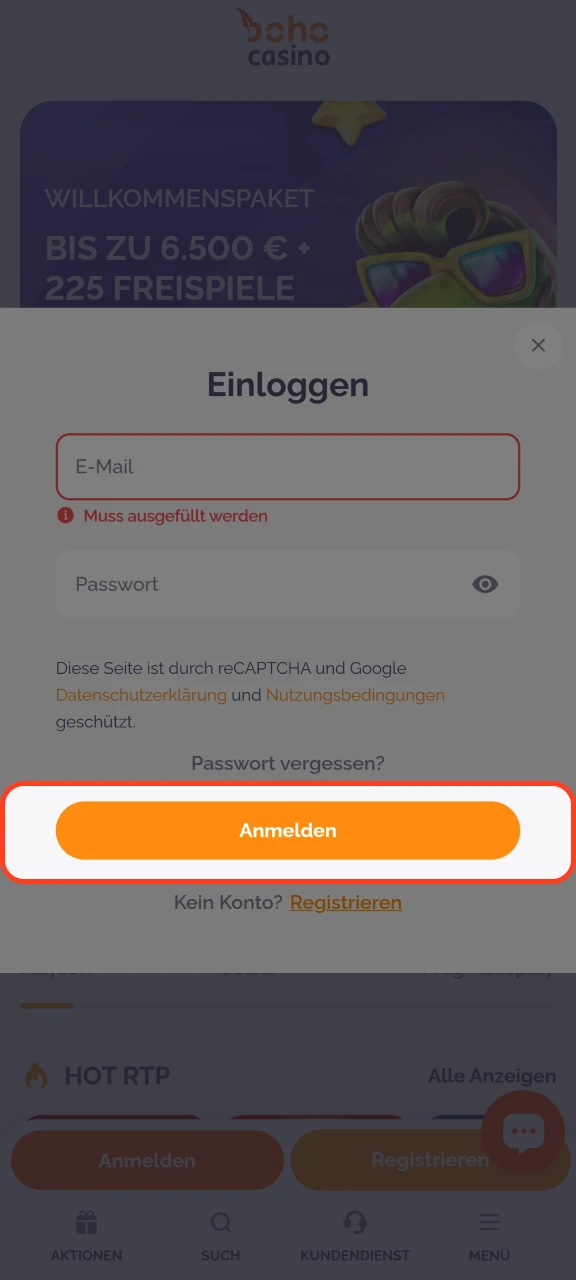 Schließen Sie die Anmeldung in Ihrem Konto bei Boho Casino ab.