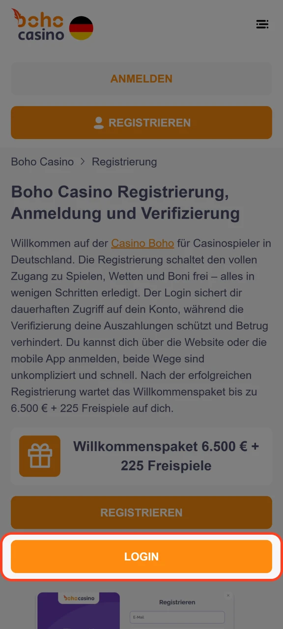 Rufen Sie Ihr Boho Casino-Anmeldeformular auf.
