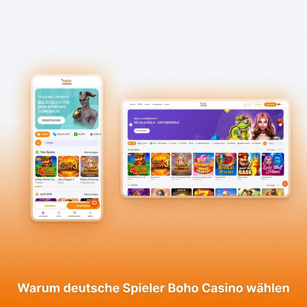 Boho Casino logo with gaming icons, highlighting security, game variety, and bonuses for German players
