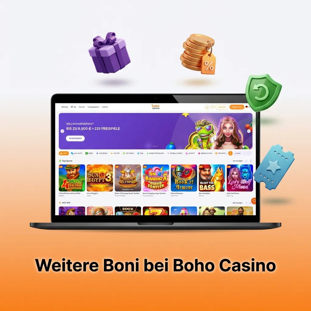 Boho Casino bietet Reload-Bonus, Cashback, Freispiele, VIP-Programm, Turniere und Geburtstagsbonus für Bestandskunden.