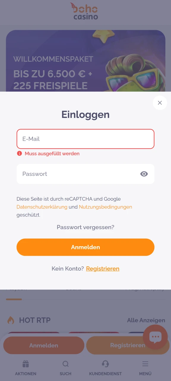 Melden Sie sich mit Ihren Zugangsdaten bei Ihrem Boho Casino-Konto an.