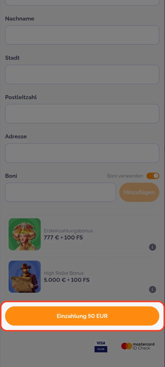 Bestätigen Sie Ihre Einzahlungstransaktion im Boho Casino.