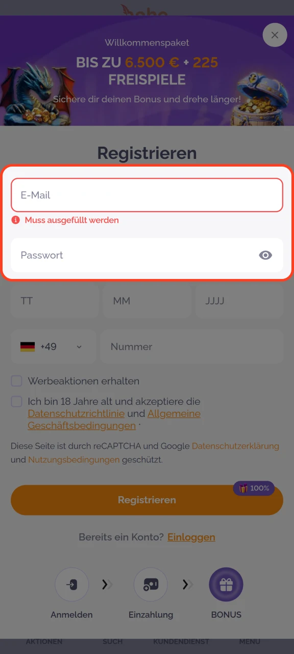 Geben Sie Ihre E-Mail-Adresse und Ihr Passwort ein, um sich bei Boho Casino zu registrieren.