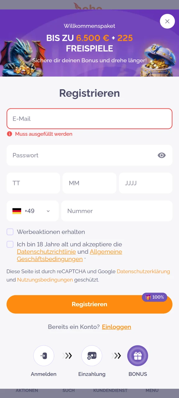 Erstelle ein neues Konto im Boho Casino.