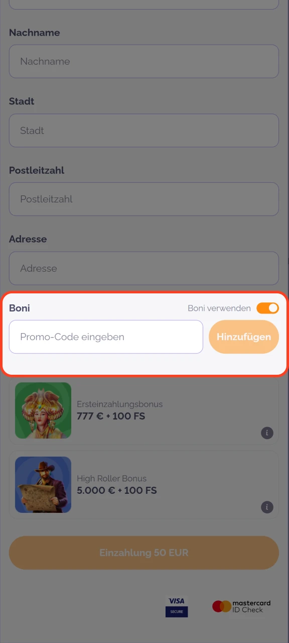 Geben Sie im Boho Casino im entsprechenden Feld einen Aktionscode ein.
