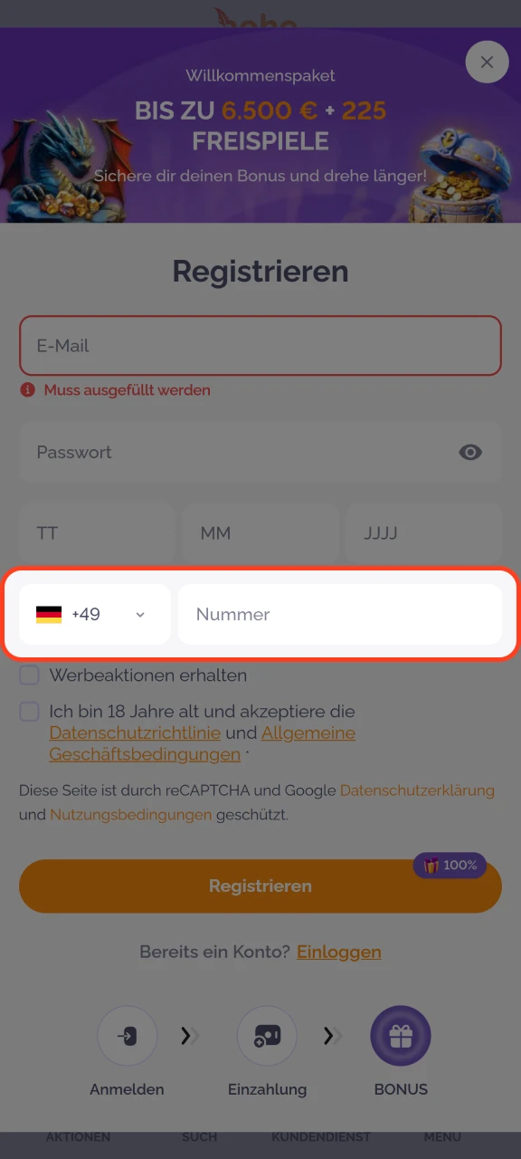 Fügen Sie eine Telefonnummer hinzu und bestätigen Sie diese im Boho Casino.