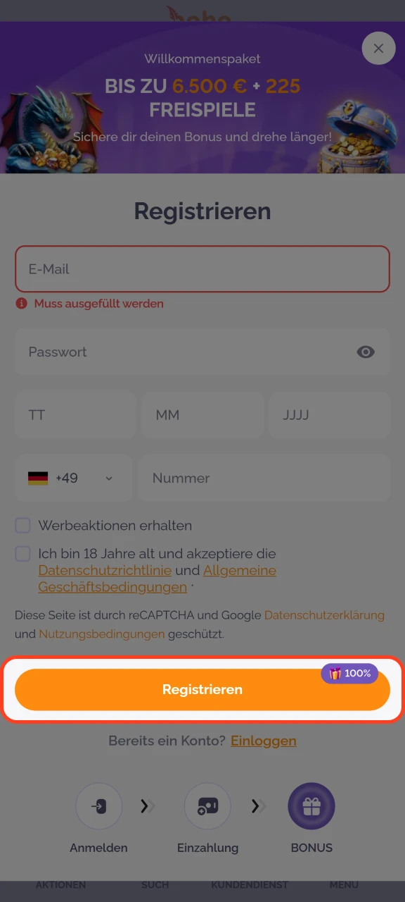 Schließen Sie die Registrierung bei Boho Casino ab.