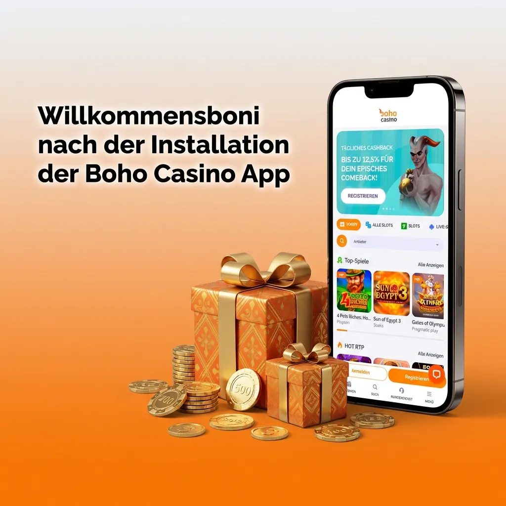 Boho Casino App welcome bonuses displayed on mobile screen showing deposit matches and free spins for German players