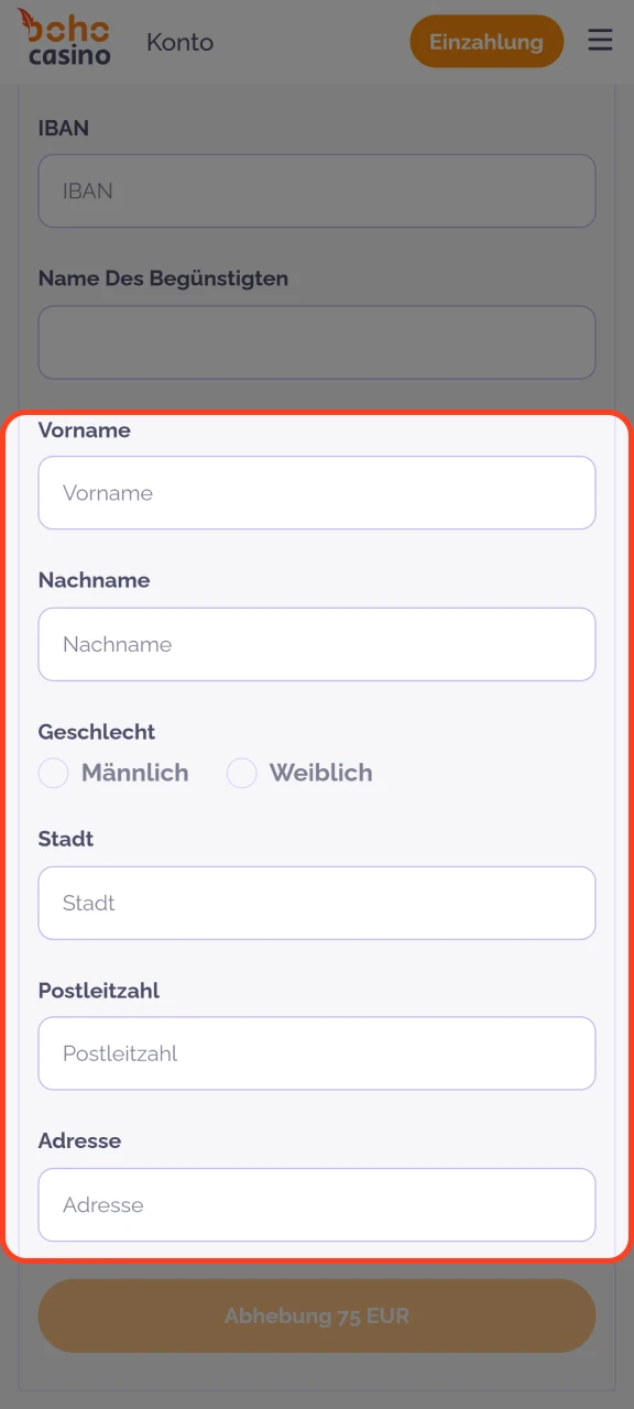 Geben Sie die erforderlichen Informationen in die Felder im Boho Casino ein.