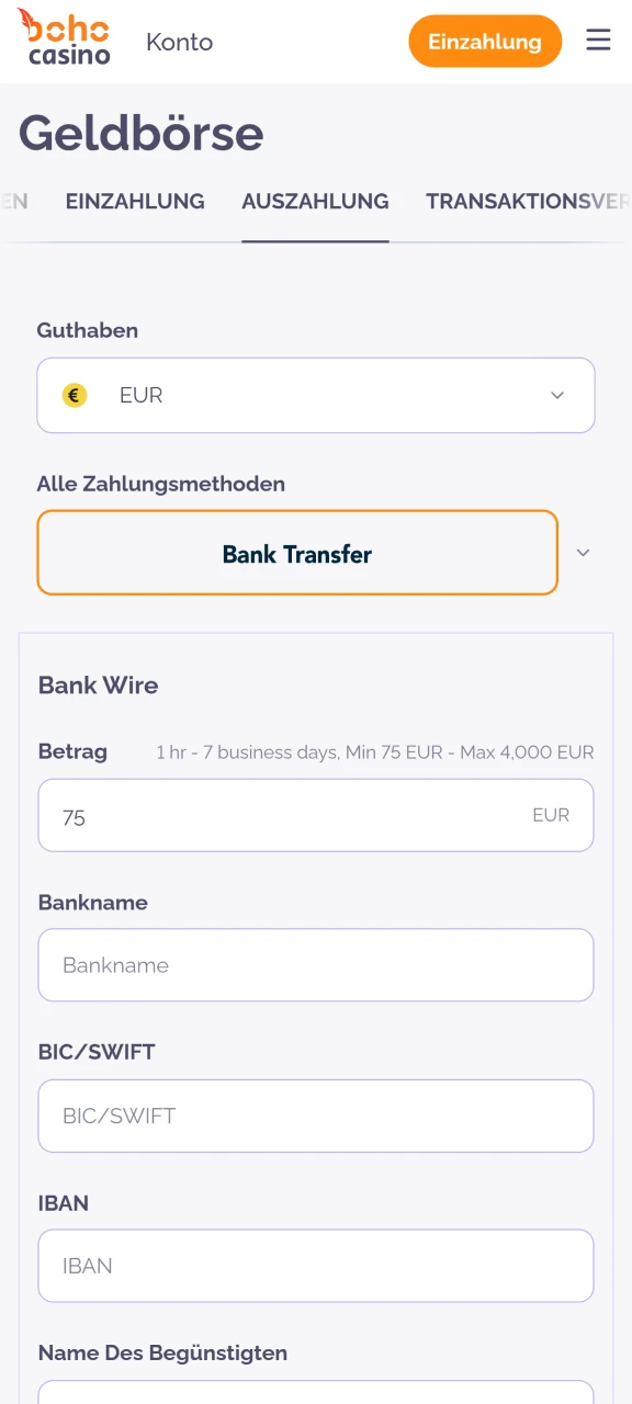 Wählen Sie einen Auszahlungsbereich auf der Boho Casino-Website.